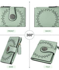 Compact Women’s Bifold Wallet With RFID Blocking Leather Card Holder Zipper Coin Pocket in green, shown from multiple angles