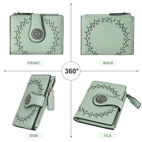Compact Women’s Bifold Wallet With RFID Blocking Leather Card Holder Zipper Coin Pocket in green, shown from multiple angles
