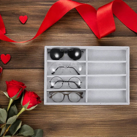 Stay Super Fresh With This Hella Soft Gray Velvet Jewelry Organizer Tray Featuring Eight Quick Grab Grids, Sleek Watch And Sunglasses Display Plate, Portable Drawer Storage with sunglasses and eyeglasses.