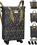 Rolling Duffel Bag With Wheels Expandable And Foldable Travel Carry On Luggage, black with pattern, removable straps, durable 210D nylon