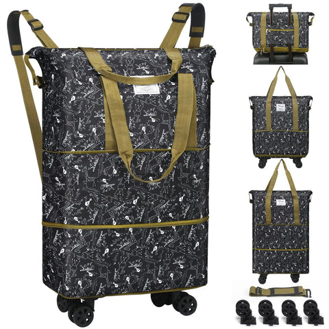 Rolling Duffel Bag With Wheels Expandable And Foldable Travel Carry On Luggage, black with pattern, removable straps, durable 210D nylon