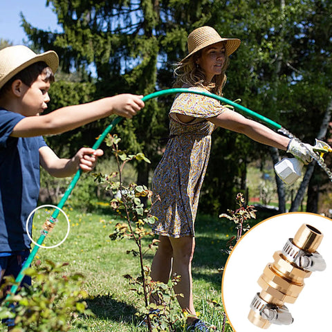 Heavy Duty Aluminum Garden Hose Repair Kit With Clamps And End Connectors visible in use during gardening