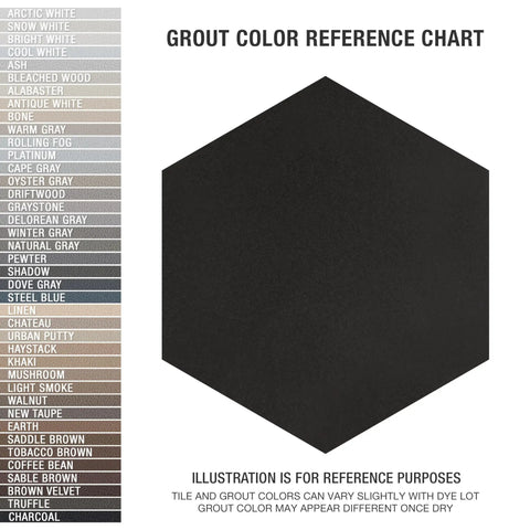 Hex Black Porcelain Tile For Floor And Wall, Textured Glazed Hexagon Tile, Eight And Five Eighths By Nine And Seven Eighths Inches, color reference chart