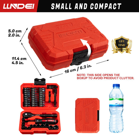 Must Have Forty Eight Piece One Quarter Inch Mini Socket Ratchet Set With Seventy Two Teeth Ratchet in compact red case