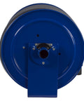 V-117H-850 Vacuum Direct Crank Rewind Hose Reel With Fifty Foot Two Inch Hose One And A Half Inch Cuff Built Tough Steel Construction Adjustable Tension Brake Powder Coated Blue Vacuum Hose Included Made In USA viewed front on
