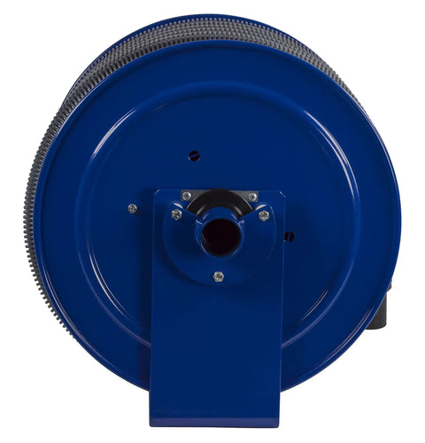 V-117H-850 Vacuum Direct Crank Rewind Hose Reel With Fifty Foot Two Inch Hose One And A Half Inch Cuff Built Tough Steel Construction Adjustable Tension Brake Powder Coated Blue Vacuum Hose Included Made In USA viewed front on