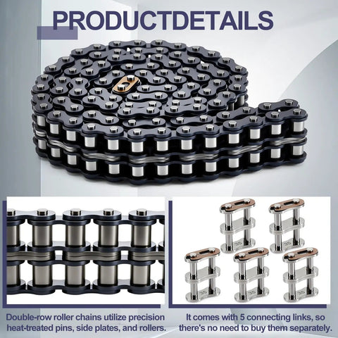Solid 10 Foot Double Strand Roller Chain 35-2 Duplex For Gate Openers With Extra Links Easy Install And Heavy Duty Machine Gear Upgrade, detailed view.