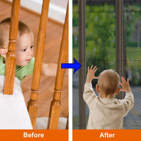 Before and after of Durable Baby Safety Net for Stairs and Banisters Kid Proofing Mesh Netting for Railing Balconies and Cribs