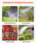 Landscape irrigation scenarios with sprinklers, orchard watering, red pipeline for boosting water, and manual garden watering