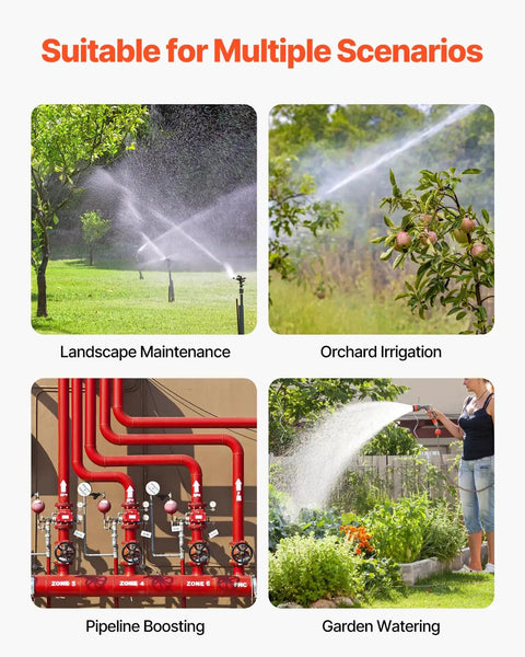 Landscape irrigation scenarios with sprinklers, orchard watering, red pipeline for boosting water, and manual garden watering