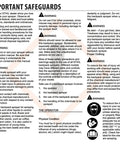 Important safeguards information sheet for safe operation of SG 20 spray pump, including warnings and protective measures.
