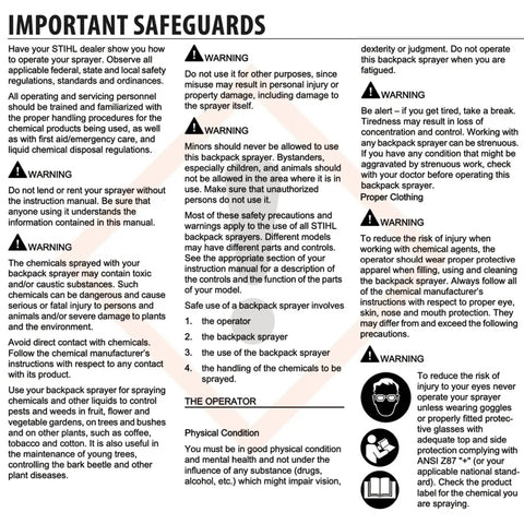 Important safeguards information sheet for safe operation of SG 20 spray pump, including warnings and protective measures.