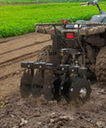 28 Inch Tractor Disc Plow Harrow With 2 Inch Receiver For ATV Pull Behind Tiller on muddy field, adjustable height, black