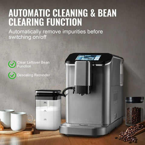 Fully Automatic Espresso Machine With Integrated Grinder And One Touch Milk Frother delivering cleaning functions and sleek design.