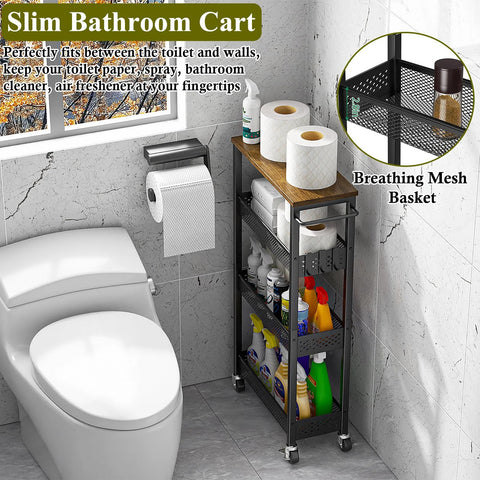 4 Tier Slim Rolling Storage Cart With Wood Top For Narrow Spaces Between Appliances In Small Kitchens, Laundry Rooms Or Bathrooms, Metal Mobile Shelf Unit Organizer On Wheels With Handle shown in bathroom next to toilet.