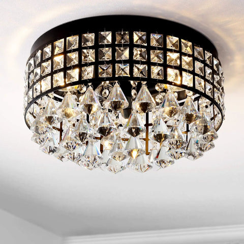 14.5 Inch Black Three Light Iron And Crystal Flush Mount Drum Ceiling Light With Faceted Crystal Drops For Bedroom Hallway Ultra Glam Illumination UL Listed And LED Bulbs Included