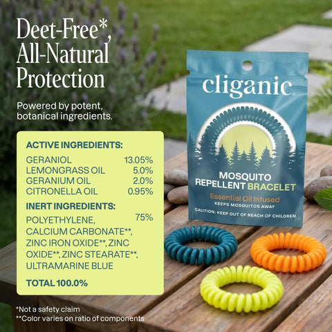 Package of 10 Pack Mosquito Repellent Bracelets For Adults And Kids DEET Free Natural Essential Oil Bands on a wooden table