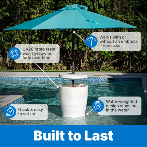 In Pool Shade Table With Built In Cooler And 9 Gallon Basin Lift Lid Umbrella Hole For 15 Inch Water Ledge White Finish