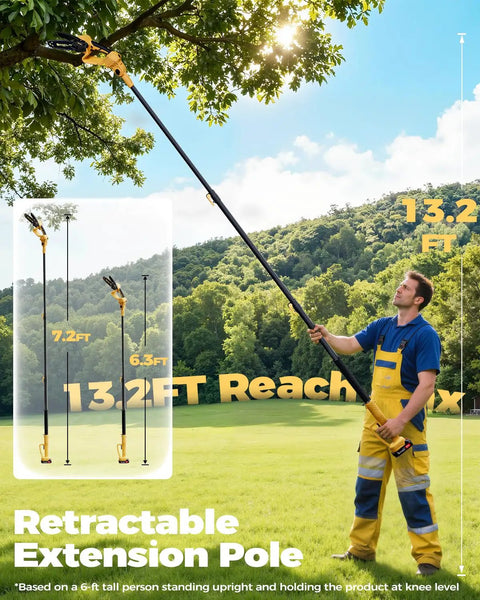 Man using Cordless Pole Saw and Mini Chainsaw Two in One Lightweight Electric Yard Tool With Brushless Motor Battery Powered