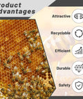 Deep Hive Waxed Coated Foundation Sheets Set with natural beeswax hex hole, benefits listed: attractive, recyclable, efficient, durable, safety.