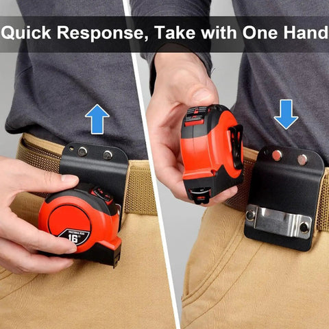 Badass Heavy Duty Tool Hooks For Power Drills And Tape Measures using reinforced nylon with a tape measure on a belt.