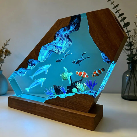 Dope Ocean Dolphin Resin Lamp Night Light With USB Port Epoxy Scuba Diver Scene Featuring Dolphins Turtles And Coral Marine Life