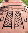 Disassembled parts of a Metal Garden Arch Trellis For Climbing Plants And Vines Backyard Wedding Ceremony Decor Outdoor Pergola Arbor Ready To Support Flowers Roses And Ivy, Sturdy Black Yard Arch For Patios And Gardens on a red surface.