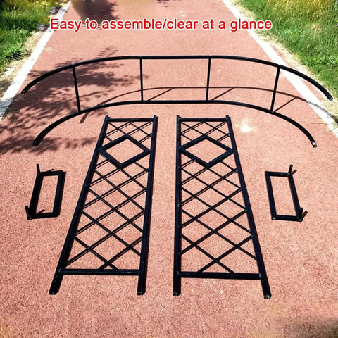 Disassembled parts of a Metal Garden Arch Trellis For Climbing Plants And Vines Backyard Wedding Ceremony Decor Outdoor Pergola Arbor Ready To Support Flowers Roses And Ivy, Sturdy Black Yard Arch For Patios And Gardens on a red surface.