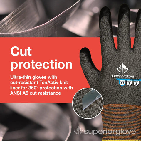 Cut resistant work gloves for men and women with ultra thin dexterity and touchscreen friendly foam nitrile palm coating ANSI A5 protection TenActiv knit liner 12 pairs X Large, product display showing glove and protective features.