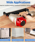 Pro Grade 16 Gauge Finish Nailer Pneumatic Straight Nail Gun in use for baseboard installation with quick jam release