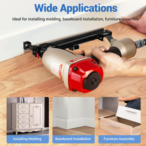 Pro Grade 16 Gauge Finish Nailer Pneumatic Straight Nail Gun in use for baseboard installation with quick jam release
