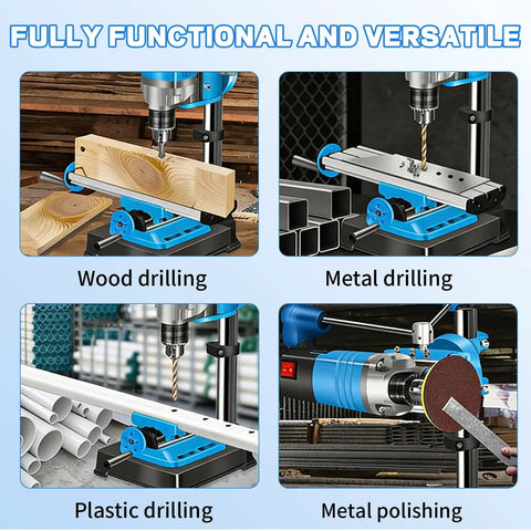 Mini Benchtop Drill Press With 1200W Motor And Six Variable Speeds used for wood, metal, and plastic drilling and polishing tasks.