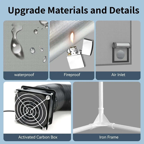 Material details of Double Space Resin 3D Enclosure With Ventilation Kit And LED Light for LCD Resin UV Printers, showing waterproof, fireproof features.