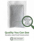Close-up of an ultrasonic sealed activated charcoal water filter replacement sachet for countertop distillers, 36-pack, USA made.