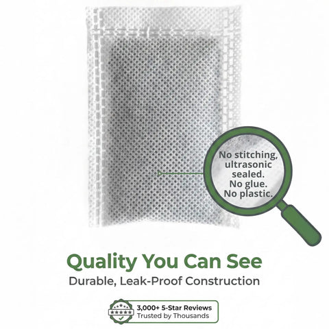 Close-up of an ultrasonic sealed activated charcoal water filter replacement sachet for countertop distillers, 36-pack, USA made.