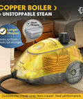 2-in-1 Heavy Duty Steam Mop 1500W Power, 1.4L Tank With 26 Accessories For Floors And Cars. High Temp Chemical-Free Cleaning With Child Lock, Easy Use Yellow, featuring copper boiler for fast steam.