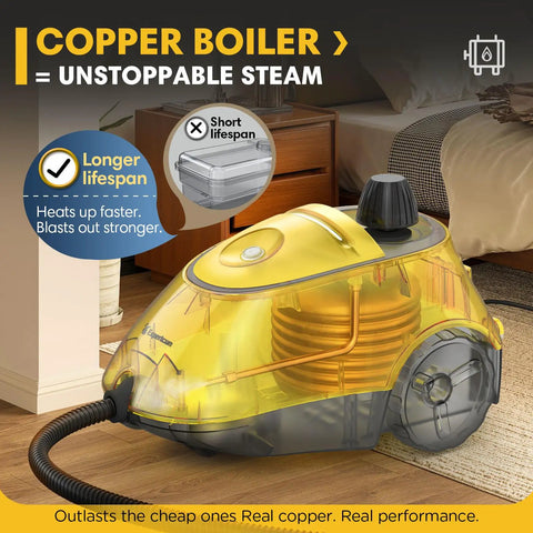 2-in-1 Heavy Duty Steam Mop 1500W Power, 1.4L Tank With 26 Accessories For Floors And Cars. High Temp Chemical-Free Cleaning With Child Lock, Easy Use Yellow, featuring copper boiler for fast steam.
