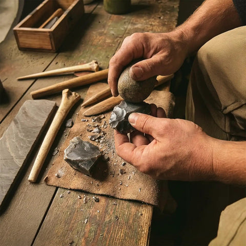 Person shaping stone tools next to English Flint Fire Starter Kit With Two Large UK Flint Stones And Emergency Jute Tinder Bag For Bushcraft Camping And Survival, Sparks From Steel Striker For Easy Fire Starting In The Outdoors.