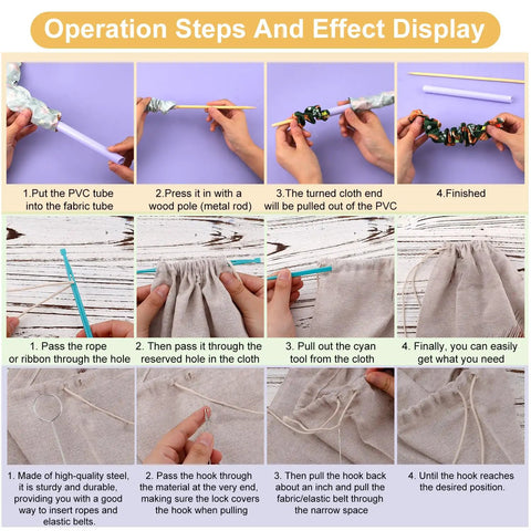 Tutorial steps showing usage of 10 Piece Quick Turn Fabric Sewing Tools Set for Loop and Tube Turners and Threaders.