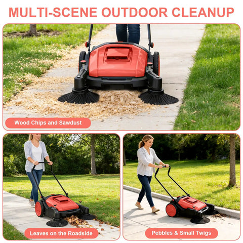 42 Inch Walk Behind Floor Sweeper With 15 Gallon Hopper For Industrial Use. Heavy Duty Hand Push Broom Cleaner For Warehouses Garages And Barns. No Power Needed Manual Sweeping Solution For Large Debris And Dust Cleanup.