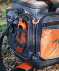 Radius Must Have Fishing Line Spooler With Patent Pending Design For Spinning And Casting Reels Twist Free Line Spooling On The Go Portable Compact Spool Holder One Quarter Pound Capacity Soft Touch Clamps Protect Rod Blanks Adjustable Tension Bands attached to tackle bag