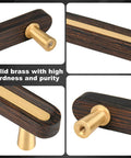Close-up of Solid Brass And Wood Cabinet Pulls Five Pack Three And Three Quarter Inch Center To Center Dresser Drawer Handles.