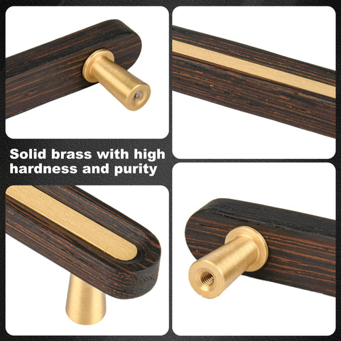 Close-up of Solid Brass And Wood Cabinet Pulls Five Pack Three And Three Quarter Inch Center To Center Dresser Drawer Handles.