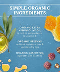 Must Have Organic Lip Balm Gift Set Four Flavor Pack Featuring Tangerine Lavender Orange Vanilla Grapefruit, showing olive oil, beeswax, and castor oil