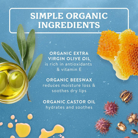 Must Have Organic Lip Balm Gift Set Four Flavor Pack Featuring Tangerine Lavender Orange Vanilla Grapefruit, showing olive oil, beeswax, and castor oil