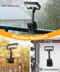 Clip On Solar Lights Outdoor With Motion Sensor mounted in different weather conditions, showcasing IP65 waterproof and versatility.