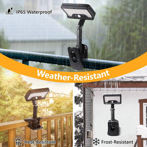 Clip On Solar Lights Outdoor With Motion Sensor mounted in different weather conditions, showcasing IP65 waterproof and versatility.