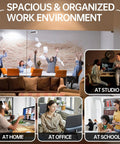 Collage showcasing organized workspaces at home, school, and office using 12 Pack Black Desk Grommets 2 Inch With Hole Saw