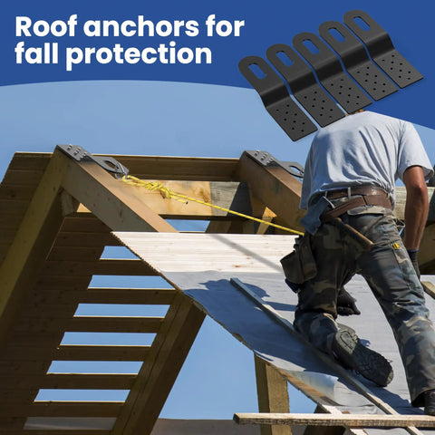 Heavy Duty Permanent Roof Safety Anchor Set For Fall Protection Holds Tight On Wood Or Metal Surfaces With Slick Black Powder Coat Includes Five Ace Grade Tether Points And Top Shelf Harness Gear For Serious Rooftop Grind Sessions, roof anchors shown on wood frame.