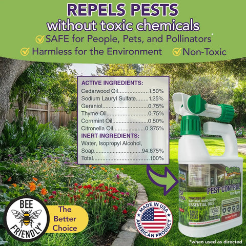 Natural Outdoor Pest Control Yard Spray With Essential Oils Kills On Contact Mosquitoes Ants Fleas Ticks Gnats And More Provides Killer Repellent Power For A Safer Backyard Safe Around Kids And Pets 32 Oz bottle and ingredient list shown in garden scene.